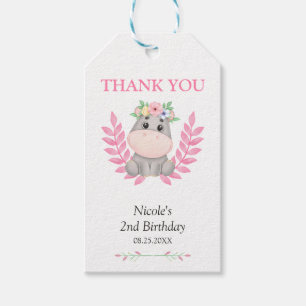 Pink Leaf Niedlich Hippo Floral Geburtstag Vielen  Geschenkanhänger
