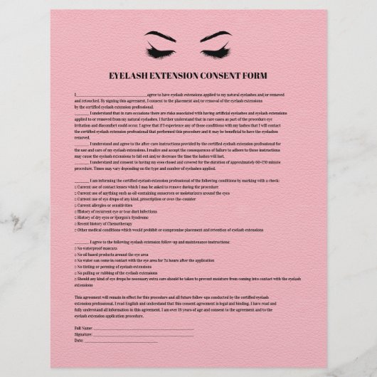 Pink Leather EYELASH EXTENSION CONSENT FORM Flyer (Vorne)