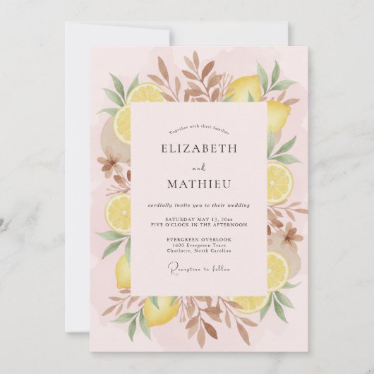 Pink Lemon Leaf Hochzeit Einladung (Vorderseite)