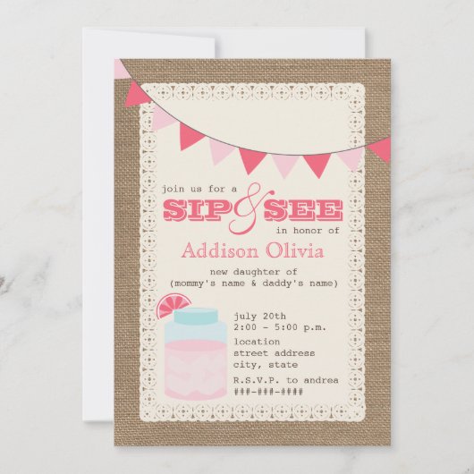 Pink Lemonade Burlap  Sip & See Baby Girl Einladung (Vorderseite)