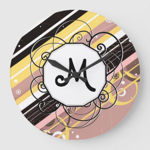 Pink Lemonade Moderne Retro Streifen mit Monogramm Große Wanduhr