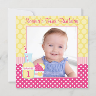 Pink Lemonade Polka Dot 1. Geburtstag Foto Einladung
