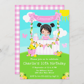 Pink Lemonade Stand Birthday Black Hair Girl Einladung