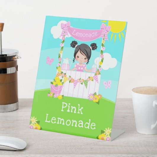 Pink Lemonade Stand Birthday Black Hair Girl Sockelschild (In SItu)