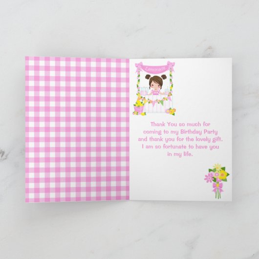 Pink Lemonade Stand Birthday Braun Haare Girl Dankeskarte (Innenseite)