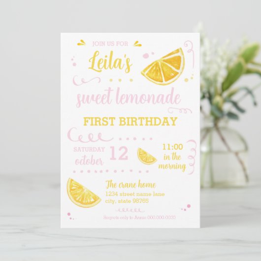Pink Lemonade Summer First Birday Party herunterla Einladung (Stehend Vorderseite)