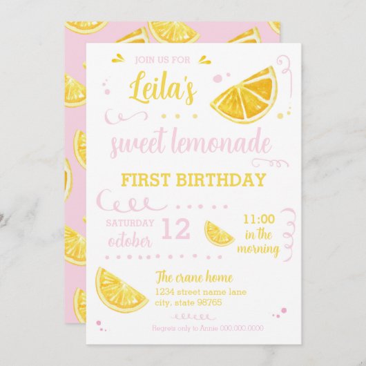 Pink Lemonade Summer First Birday Party herunterla Einladung (Vorne/Hinten)
