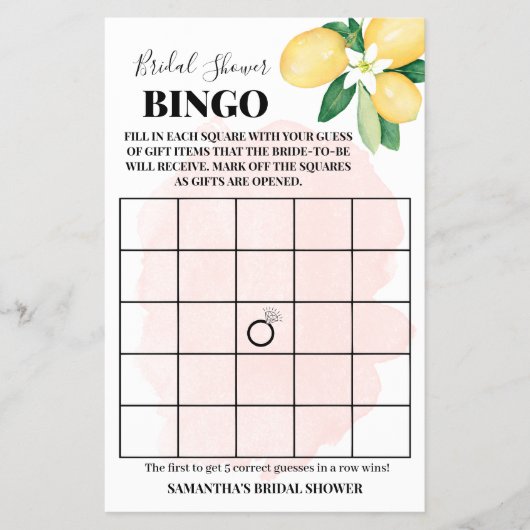 Pink Lemons Brautparty Bingo Game Card Flyer (Vorne)