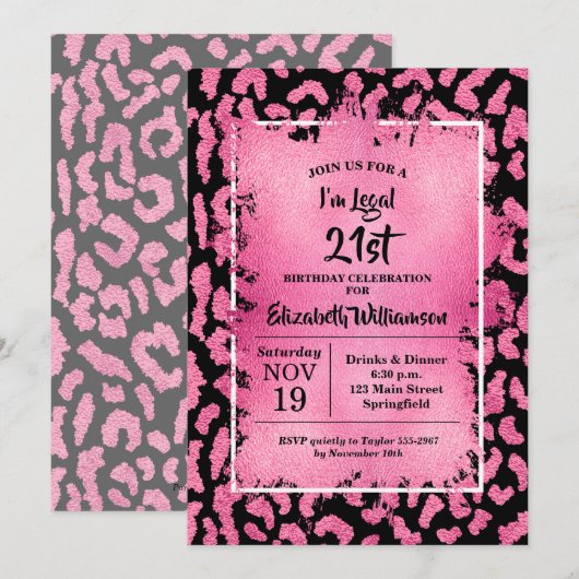 Pink Leopard 21. Geburtstagsfeier Einladung (Vorne/Hinten)