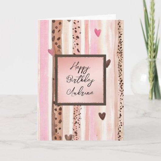 Pink Leopard Animal Stripes Hearts Blush Birthday Karte (Vorderseite)