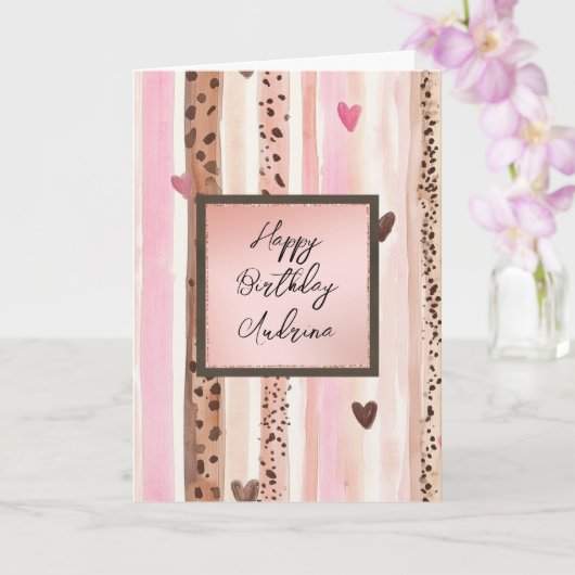 Pink Leopard Animal Stripes Hearts Blush Birthday Karte (Orchidee)