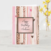 Pink Leopard Animal Stripes Hearts Blush Birthday Karte (Gelbe Blume)
