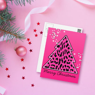Pink Leopard Cheetah Weihnachtsbaum Feiertagspostkarte