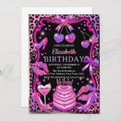 Pink Leopard Cherry Birthday Invitation Einladung (Vorne/Hinten)
