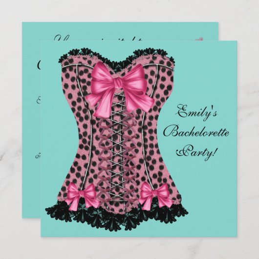 Pink Leopard Corset Aquamarin Blue Junggeselinnen- Einladung (Vorne/Hinten)
