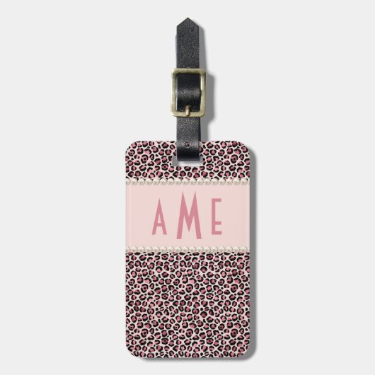 Pink Leopard Druck mit Perlen Mit Monogramm Gepäckanhänger (Vorderseite vertikal)