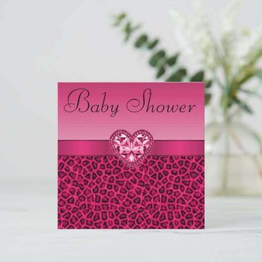 Pink-Leopard-Druck u. Bling Herz-Babyparty Einladung (Stehend Vorderseite)