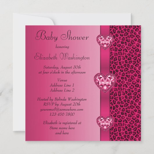 Pink-Leopard-Druck u. Bling Herz-Babyparty Einladung (Rückseite)