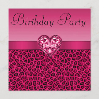 Pink-Leopard-Druck u. Bling Herz-Geburtstag Einladung
