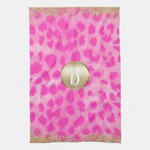 Pink Leopard Gepard Druck Gold Glitter Monogramm Geschirrtuch