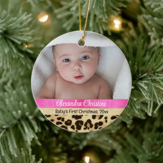 Pink Leopard Girl Baby First Christmas Foto Keramik Ornament (Baum)