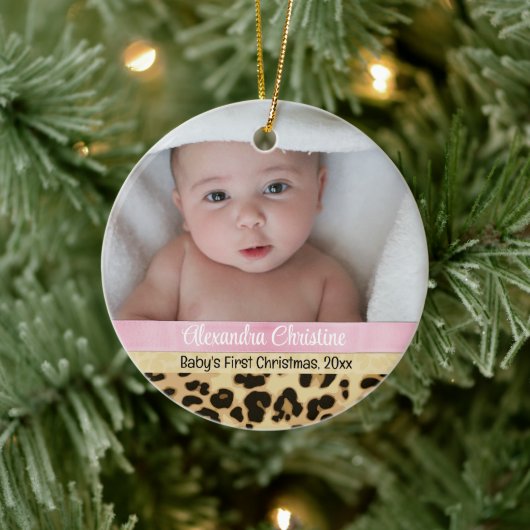 Pink Leopard Girl Babys Erstes Weihnachtsfest Foto Keramik Ornament (Baum)