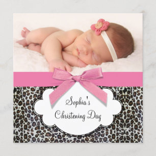 Pink Leopard Girls Christening Einladung