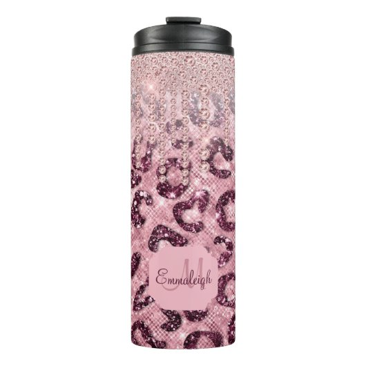 Pink Leopard Glitzer Diamond Tropfen Monogram Ther Thermosbecher (Vorderseite)