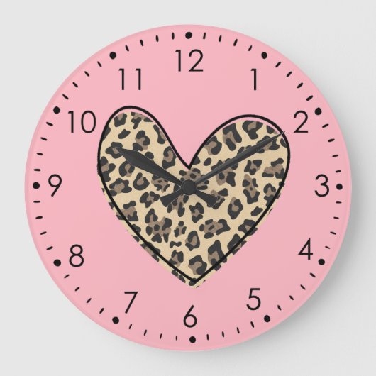 Pink Leopard Herzklemme Große Wanduhr (Vorderseite)