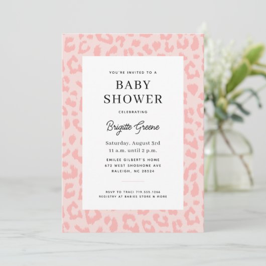 Pink Leopard Print Baby Dusche Einladung (Stehend Vorderseite)