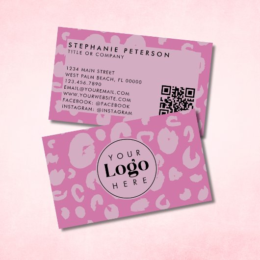 Pink Leopard Print Custom Company Logo QR Code Visitenkarte