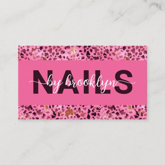 Pink Leopard Print Gold Foil QR Code Nail Tech Visitenkarte (Vorderseite)