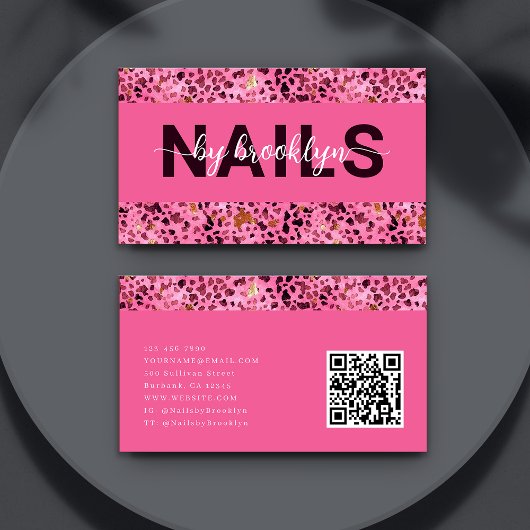 Pink Leopard Print Gold Foil QR Code Nail Tech Visitenkarte