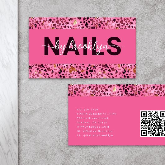 Pink Leopard Print Gold Foil QR Code Nail Tech Visitenkarte