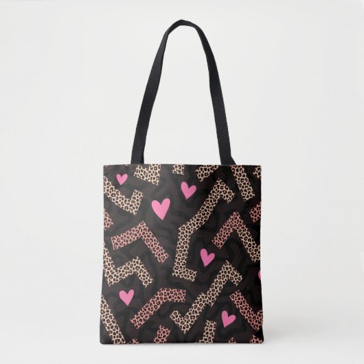 Pink Leopard Print Heart Tote Tasche mit Zigzag (Vorderseite)