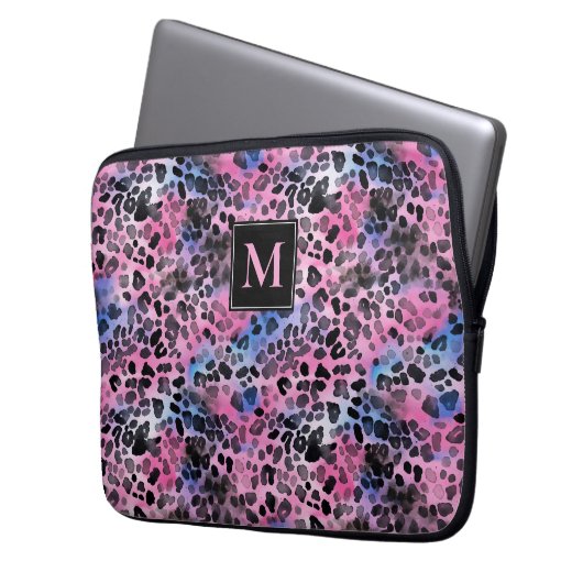 Pink Leopard Print Laptopschutzhülle (Vorderseite Links)