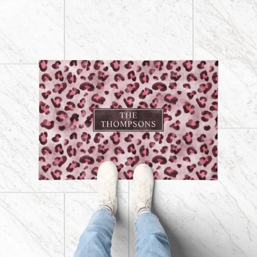 Pink Leopard Tierdruck mit Faux-Folie und Name Fußmatte (Indoor)