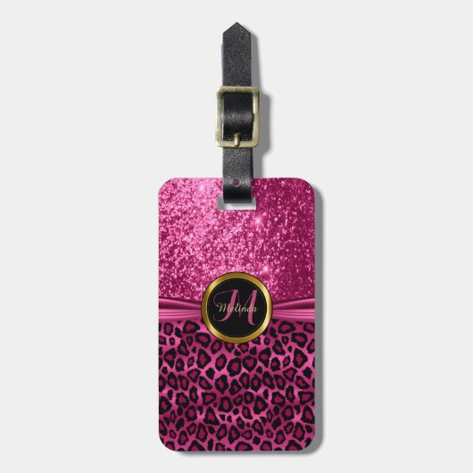 Pink Leopard Tierhaut und Glitzer - Monogramm Gepäckanhänger (Vorderseite vertikal)