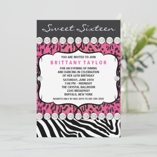 Pink Leopard Zebra Sweet 16 Party Einladung (Stehend Vorderseite)