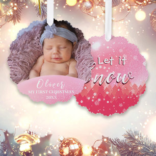 Pink Let it Snow Baby 1. Weihnachts Custom Foto Ornament Karte