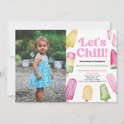 Pink Let's Chill Popsicle Picture Birthday Party Einladung (Vorderseite)