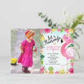 Pink Let's Flamingle Bläserblättern Foto Geburtsta Einladung (Stehend Vorderseite)