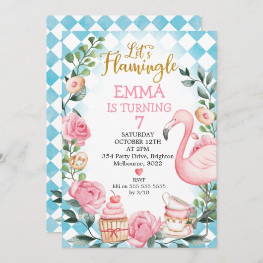 Pink Let's Flamingle Wonderland Geburtstag Einladung (Vorne/Hinten)