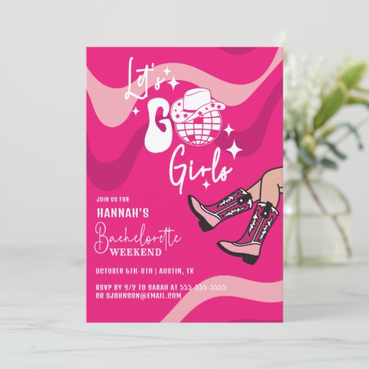 Pink Let's Go Girls Junggeselinnen-Abschied Einladung (Stehend Vorderseite)