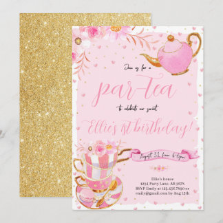 Pink Let's Par-Tee Tea Birthday Party Einladung