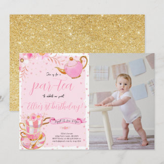 Pink Let's Par-Tee Tea Birthday Party Foto Einladung