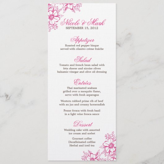 Pink Letterpress Style Wedding Menükarte (Vorderseite)