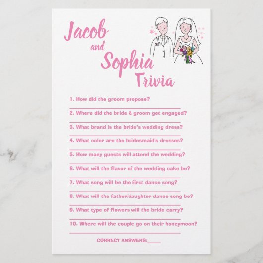 PINK LIEBE, BRIDE & GROOM TRIVIA DUSCHKARTE FLYER (Vorne)