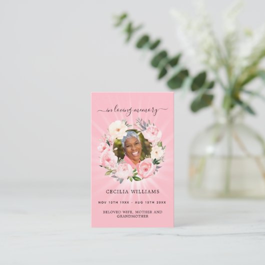 Pink Light Foto Blumenkranz Beerdigungskarte Visitenkarte (Stehend Vorderseite)