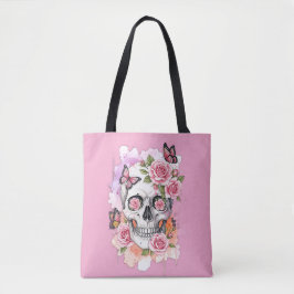 Pink Light Legacy - Gothic Skull & Rose Tote Bag Tasche